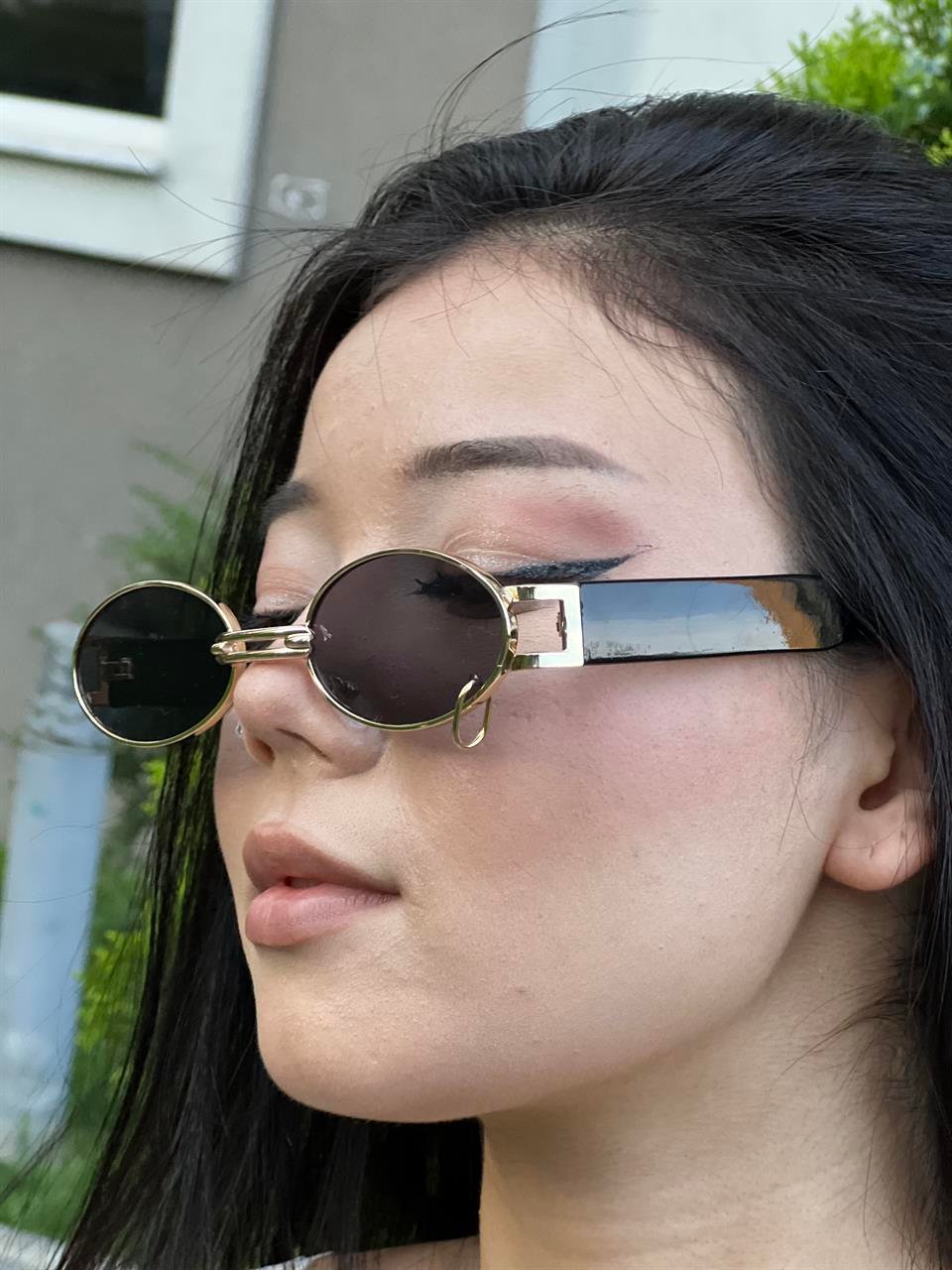 Y2K Piercing Detay Oval UV Korumalı Siyah Renk Bakır Uçlu Güneş Gözlüğü 