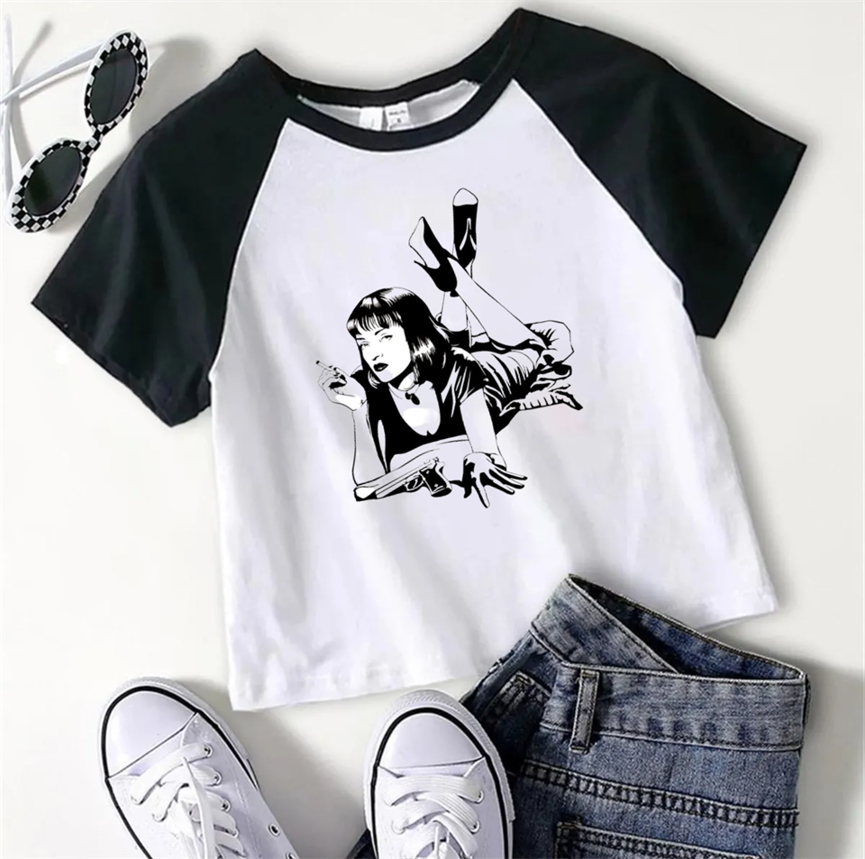 Y2k Pulp FictionBaskılı Reglan Kol Beyaz Crop
