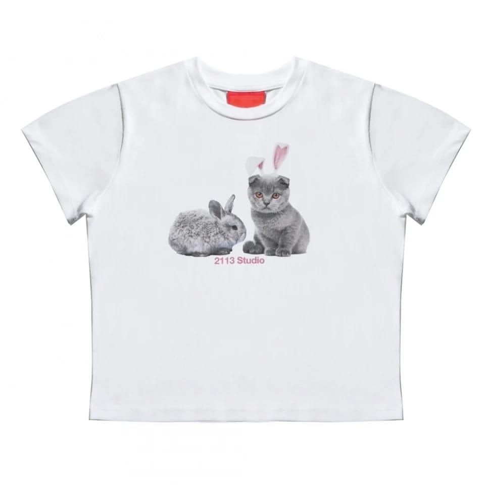 Y2k Rabbit And Cat Beyaz Crop 