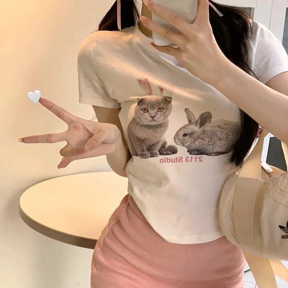 Y2k Rabbit And Cat Beyaz Crop 