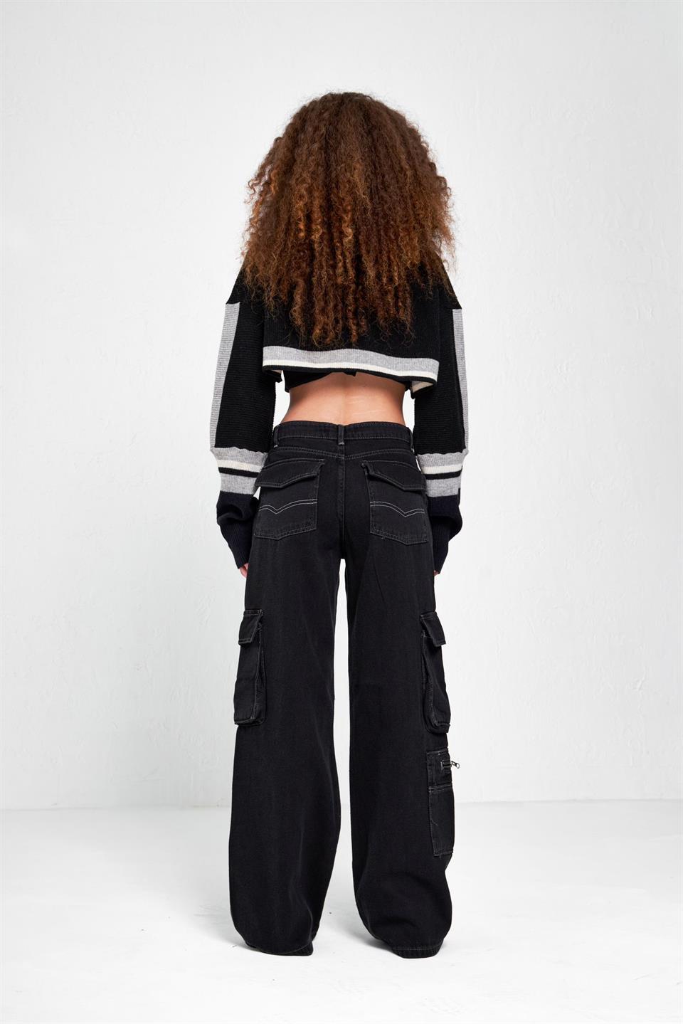Y2K RECYCLED BLACK DOUBLE CARGO POCKET WIDE LEG JEAN