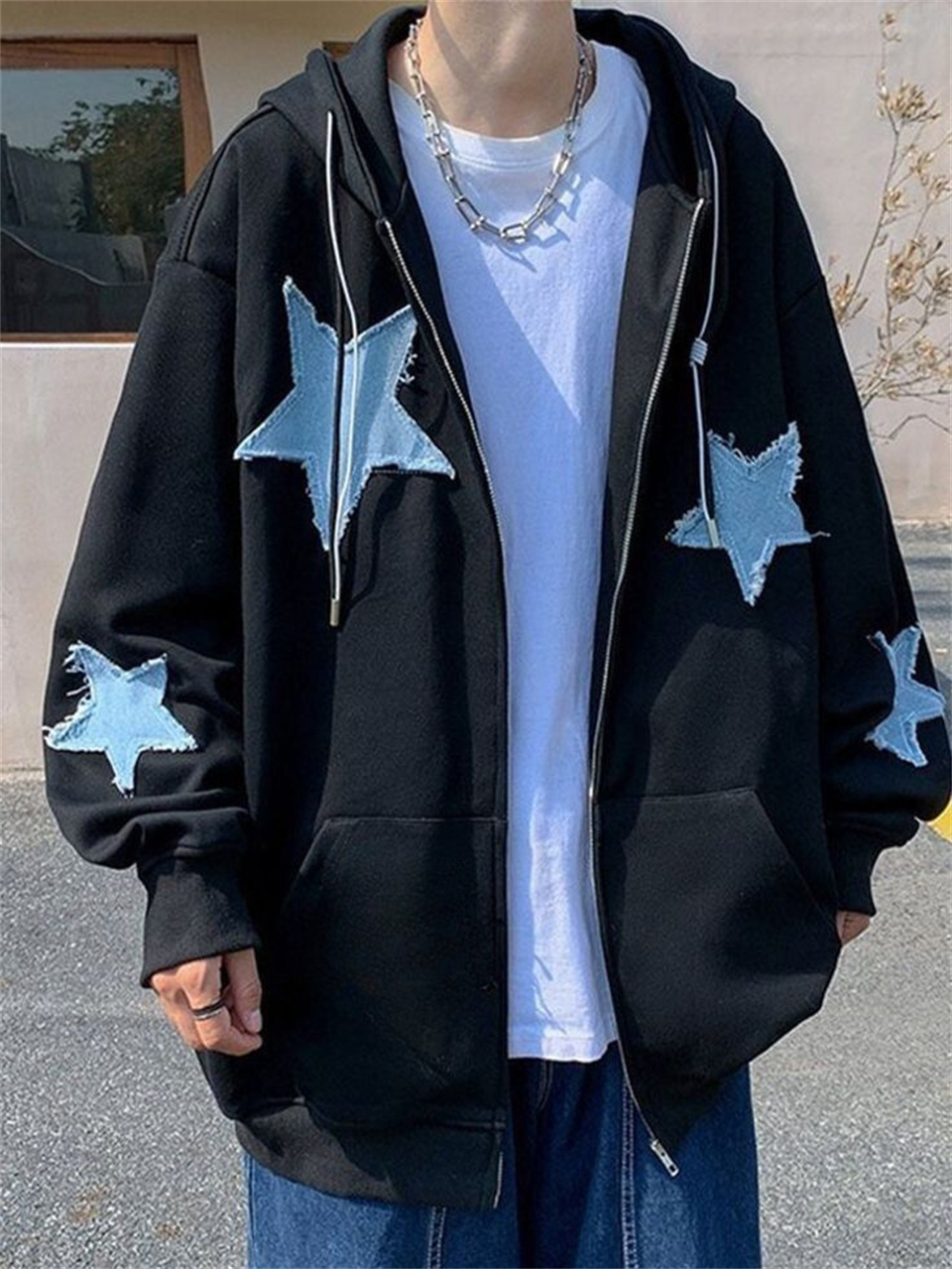 y2k Star Patch Oversıze Siyah Unısex Fermuarlı Sweetshirt Hırka