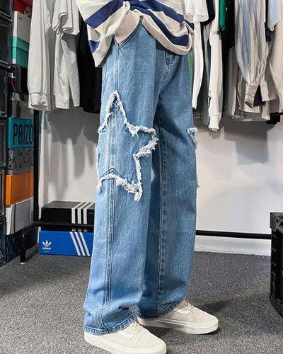 Y2k Stars Patch Detay Kar Yıkamalı Pantolon