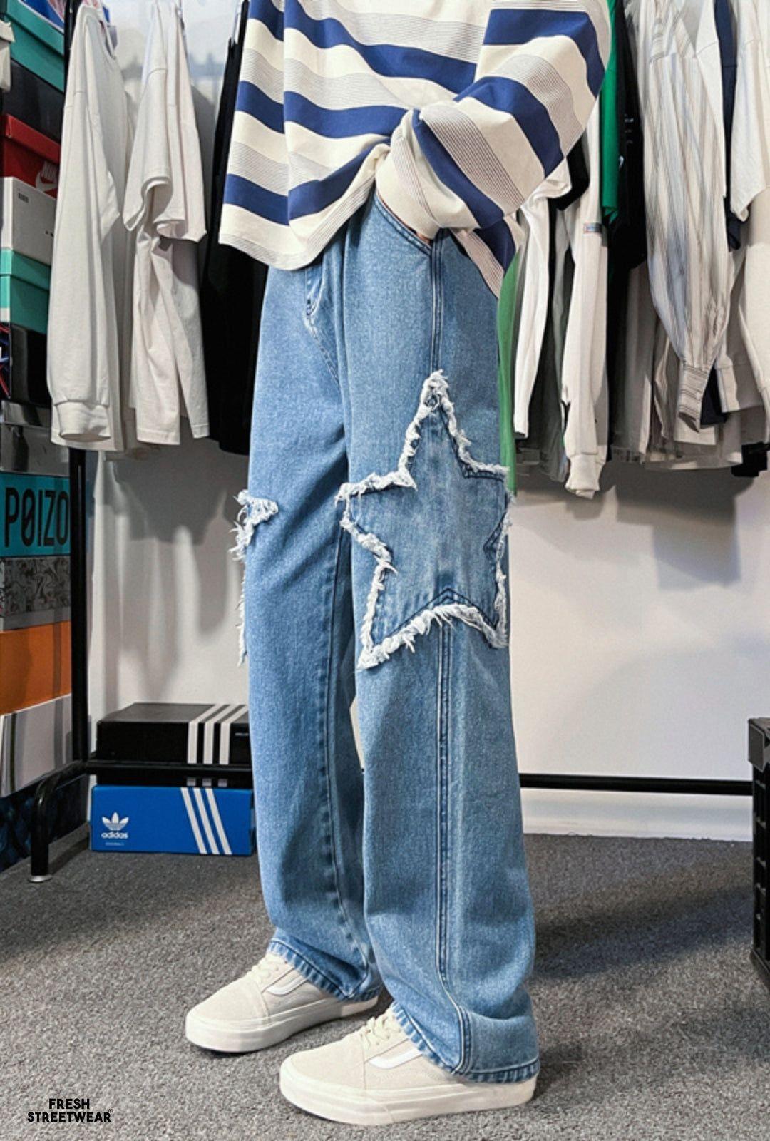 Y2k Stars Patch Detay Kar Yıkamalı Pantolon