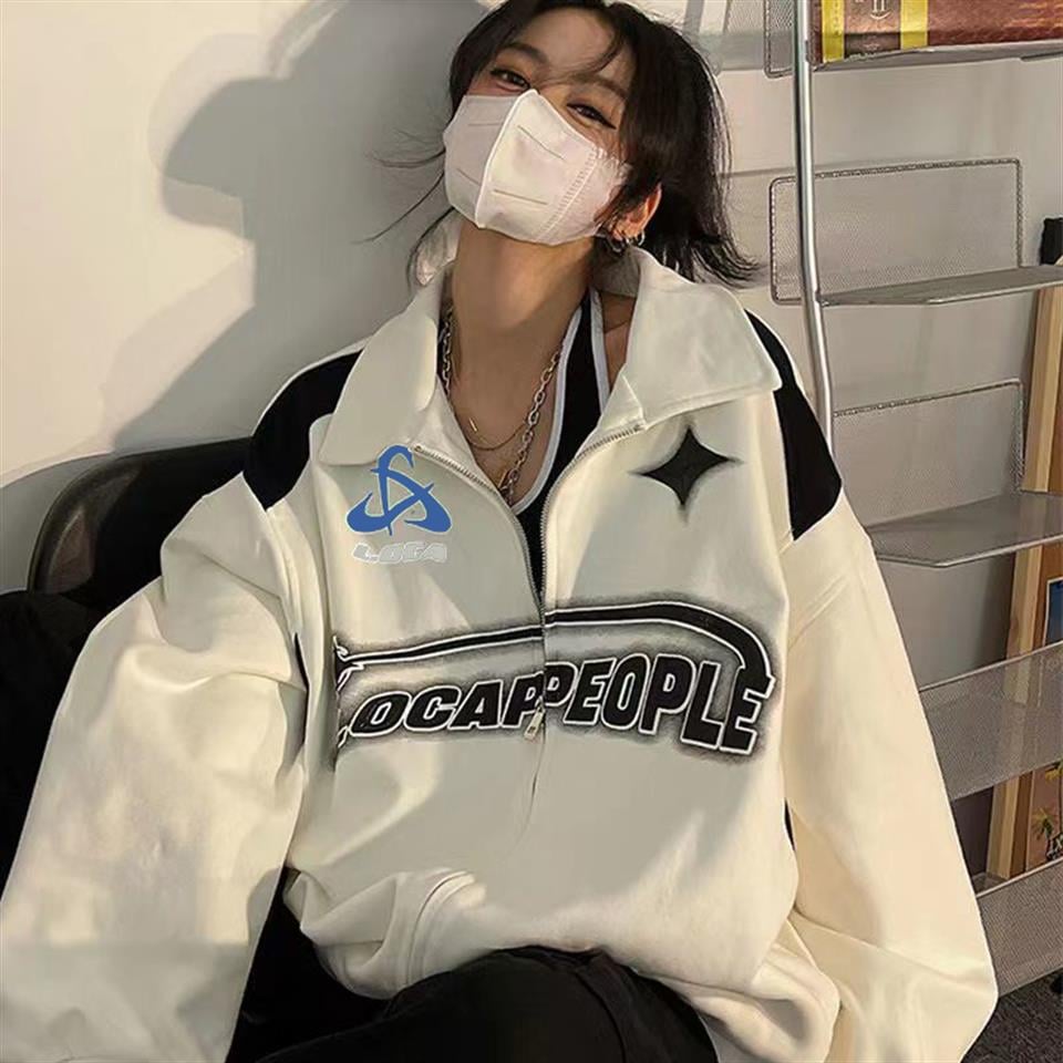 Y2K Streetwear Locapeople Baskılı Oversize Fermuarlı Beyaz Unisex Kapüşonlu Hırka