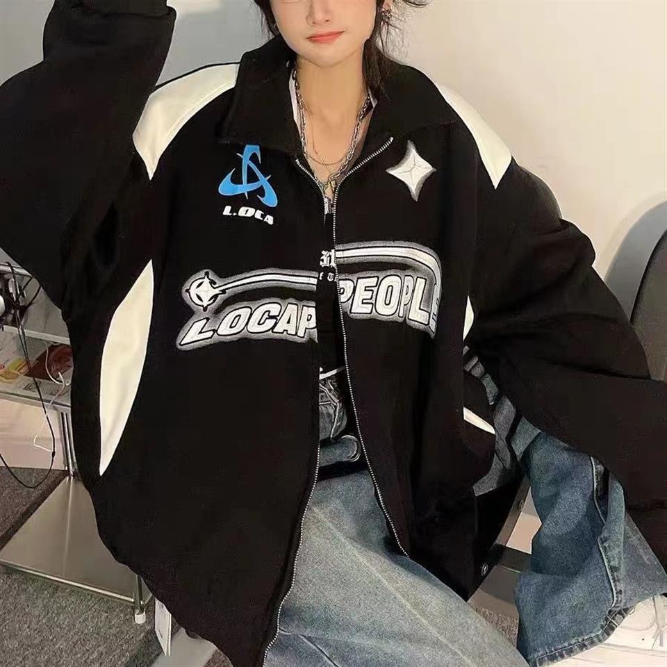 Y2K Streetwear Locapeople Baskılı Oversize Fermuarlı Siyah Unisex Kapüşonlu Hırka