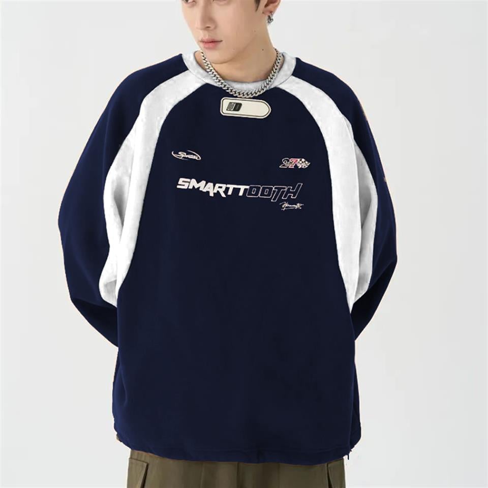 Y2K Streetwear Smarttooth Baskılı Lacivert Unisex Oversize Bisiklet Yaka Sweatshirt