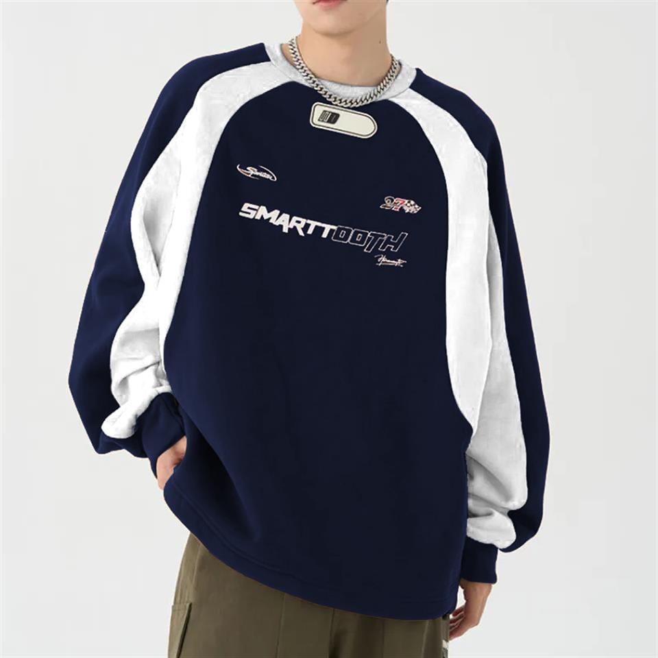 Y2K Streetwear Smarttooth Baskılı Lacivert Unisex Oversize Bisiklet Yaka Sweatshirt