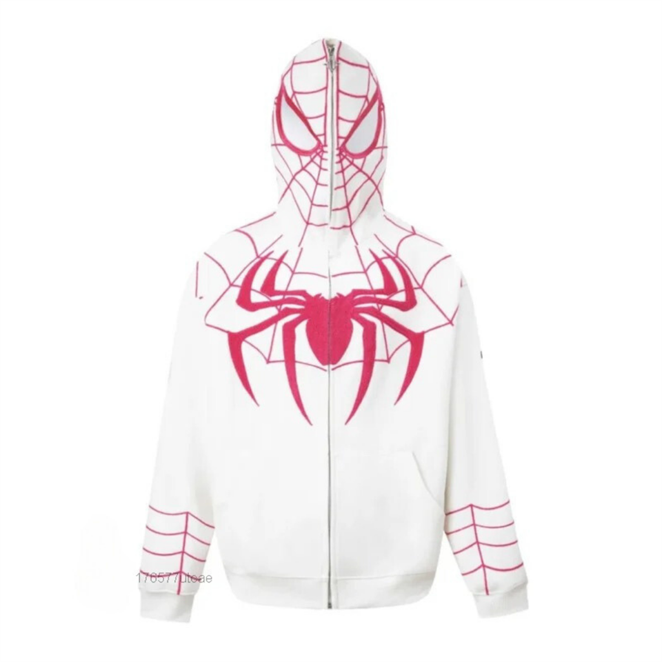 Y2k Streetwear Spider Web Oversize Fermuarlı Beyaz Unisex Kapüşonlu Hırka