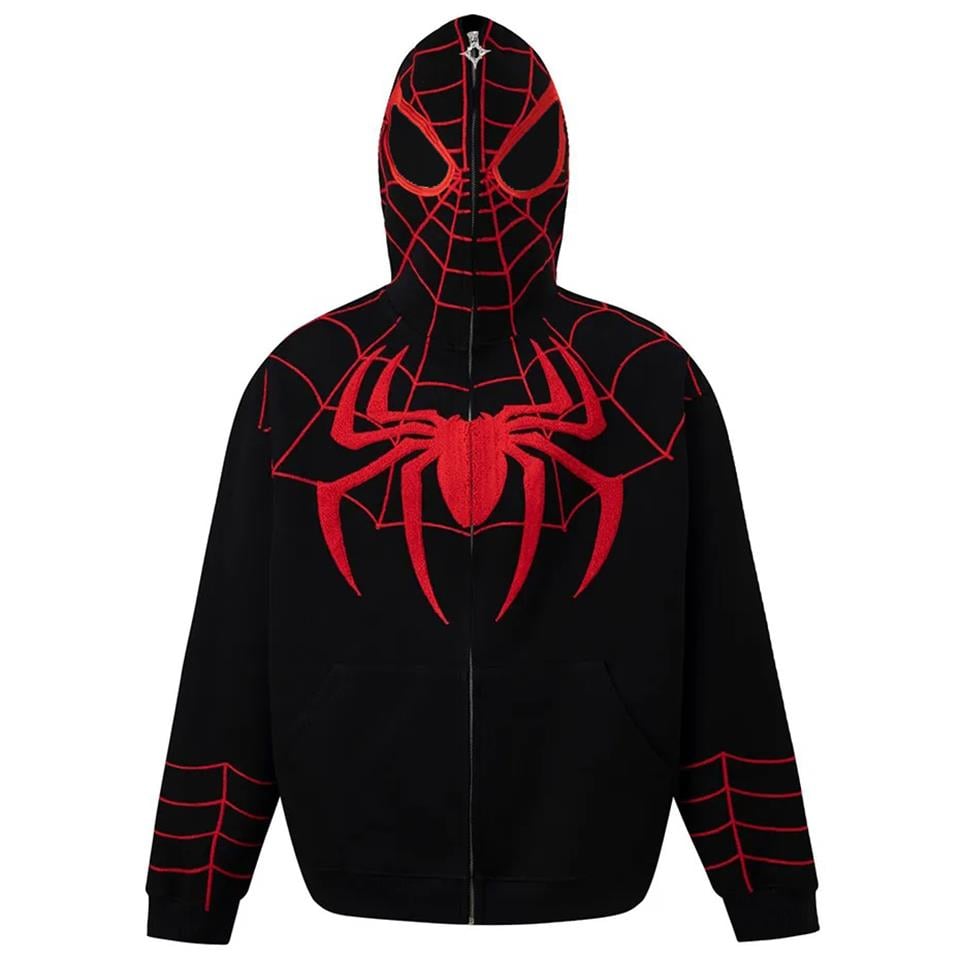 Y2k Streetwear Spider Web Oversize Fermuarlı Siyah Unisex Kapüşonlu Hırka