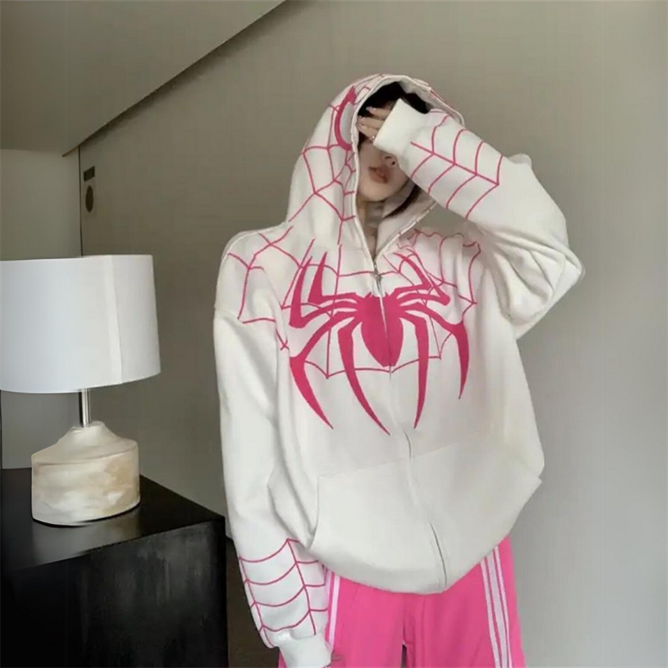 Y2k Streetwear Spider Web Oversize Fermuarlı Beyaz Unisex Kapüşonlu Hırka