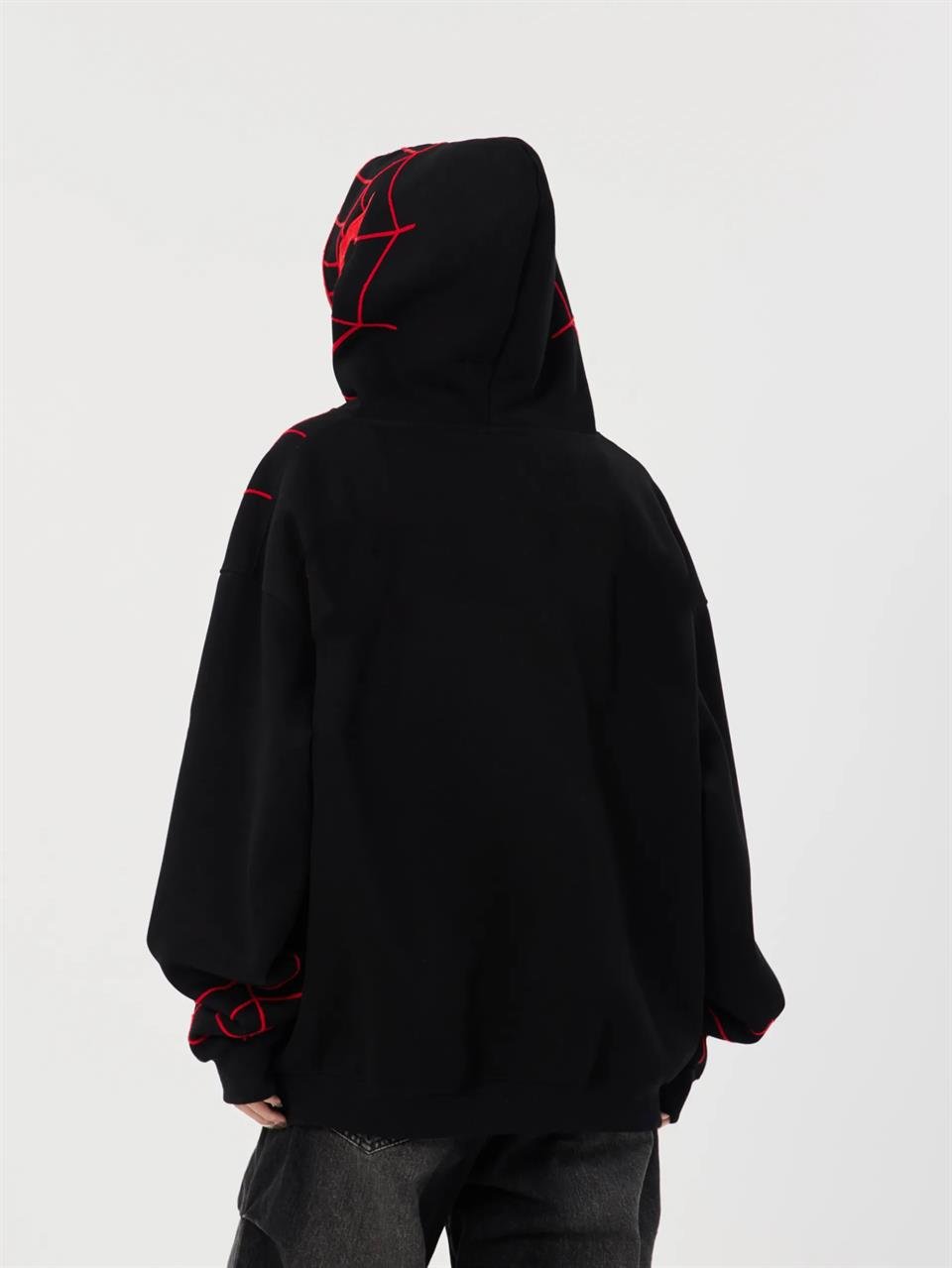 Y2k Streetwear Spider Web Oversize Fermuarlı Siyah Unisex Kapüşonlu Hırka