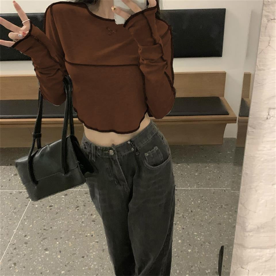 Y2K Streetwear Ters Dikiş Detaylı Uzun Kollu Kahverengi Crop