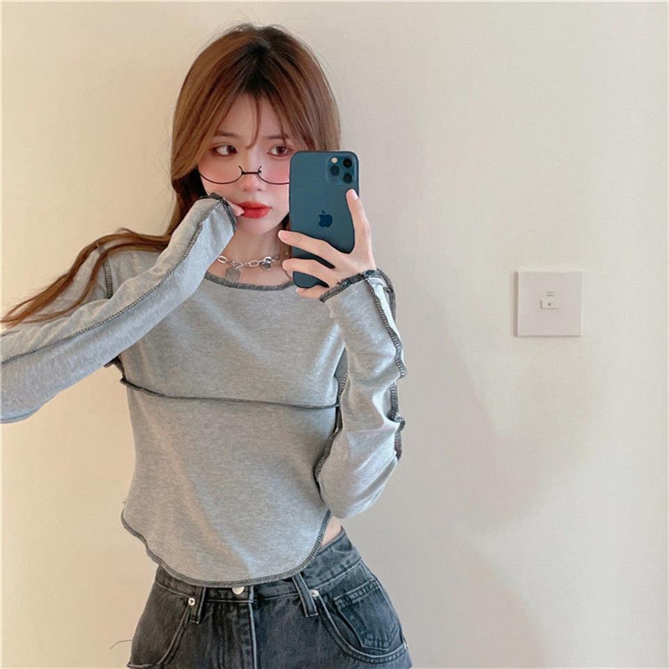 Y2K Streetwear Ters Dikiş Detaylı Uzun Kollu Beyaz Crop