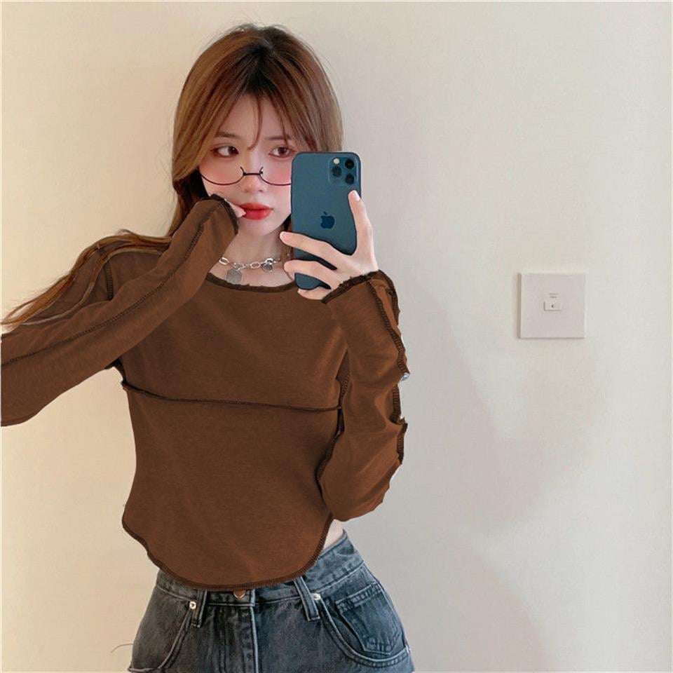 Y2K Streetwear Ters Dikiş Detaylı Uzun Kollu Kahverengi Crop