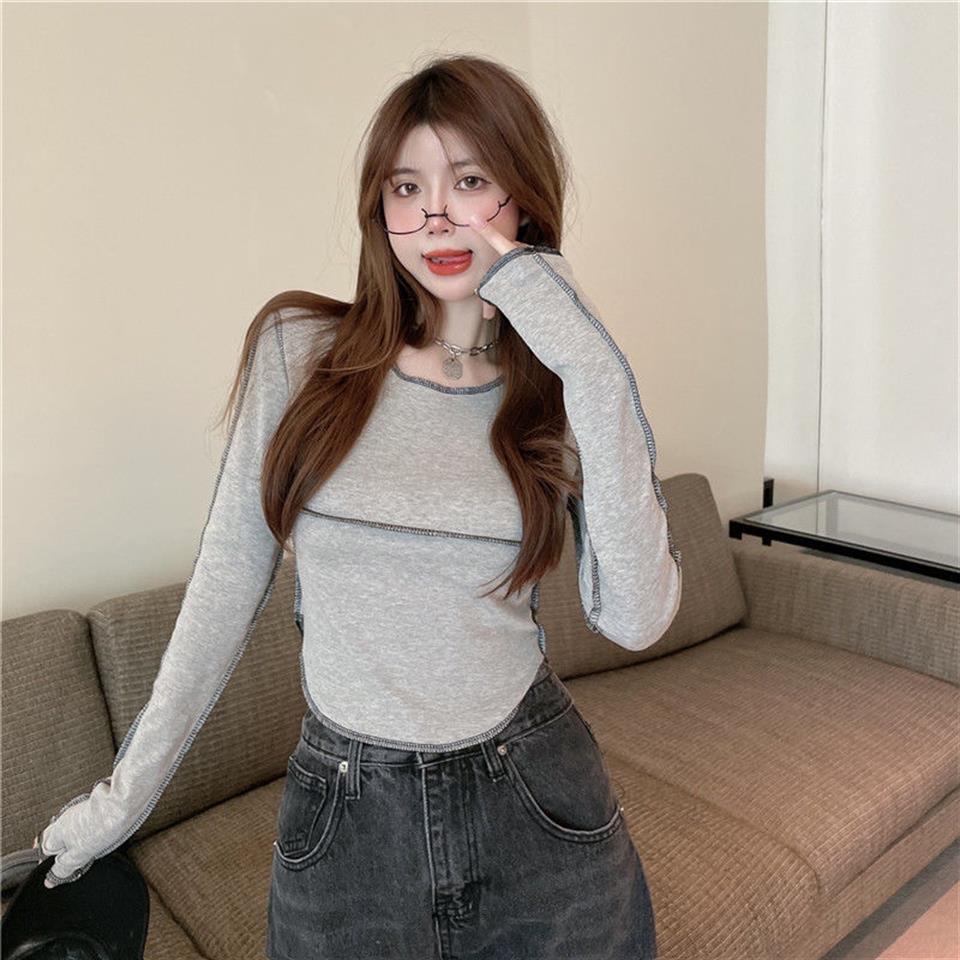 Y2K Streetwear Ters Dikiş Detaylı Uzun Kollu Beyaz Crop