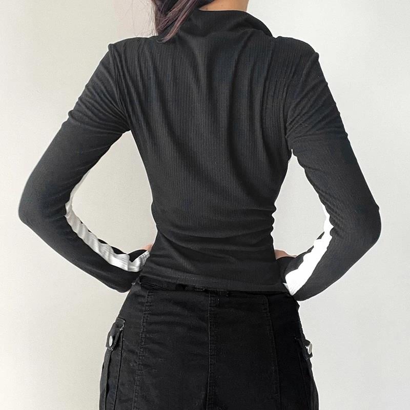 Y2k Trend Fermuarlı Siyah Crop Bluz