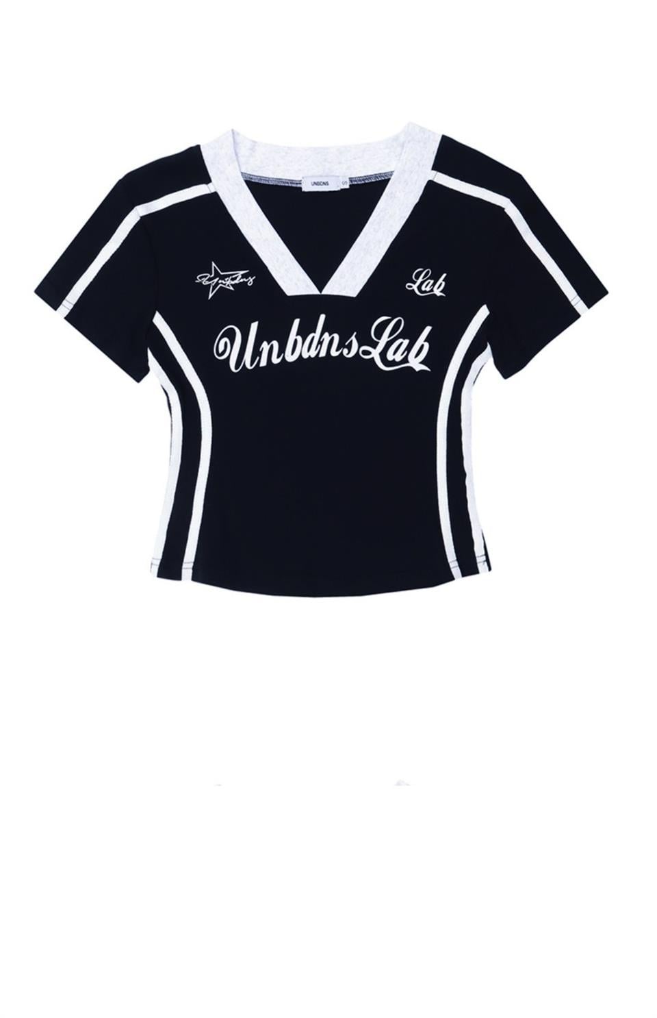 Y2k V Yaka Şeritli Siyah Crop