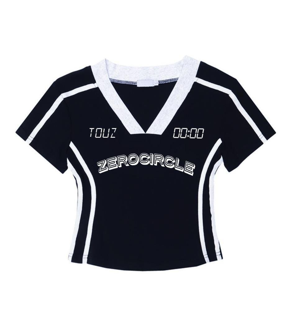 Y2k Zerocircle Baskılı V Yaka Şeritli Siyah Crop