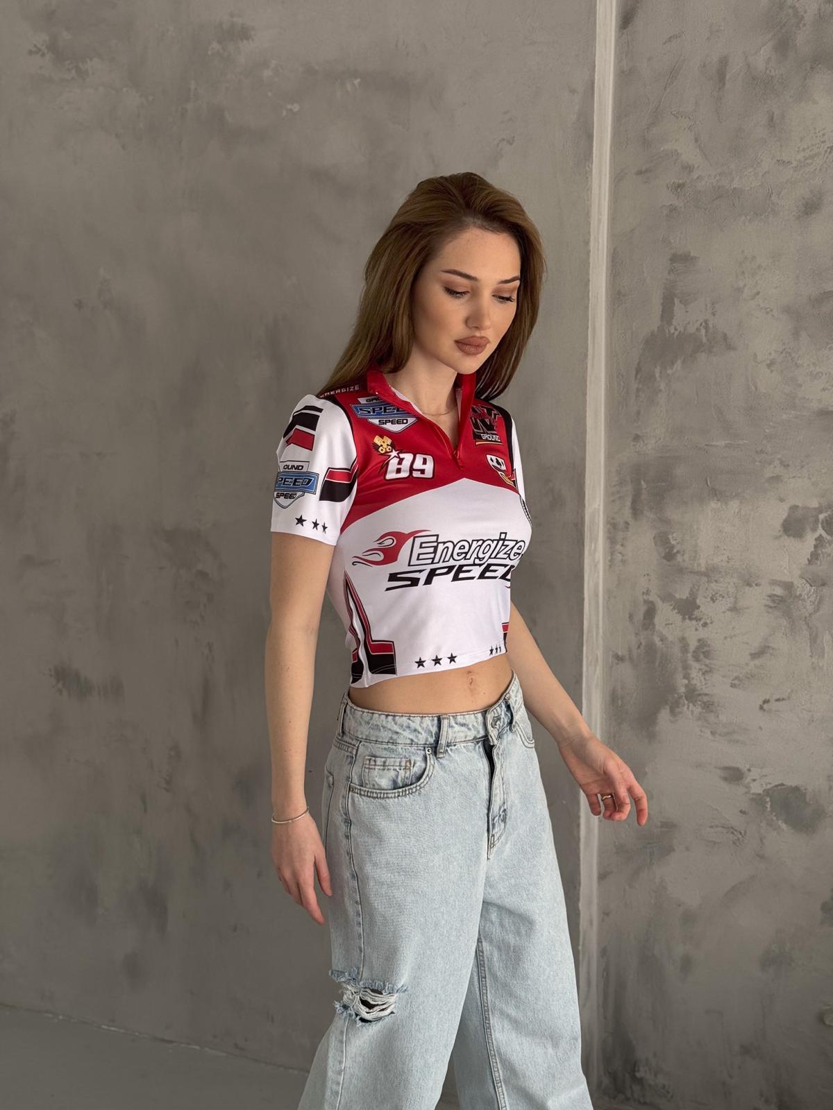 Yarışçı Dijital Baskılı Fermuarlı Crop Bluz