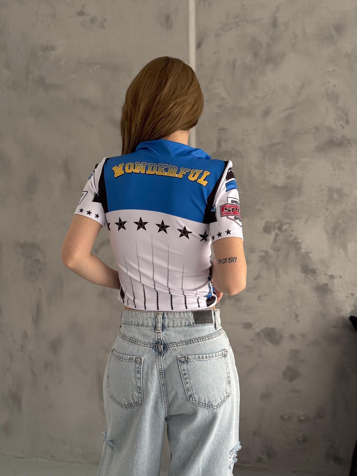Yarışçı Dijital Baskılı Fermuarlı Crop Bluz
