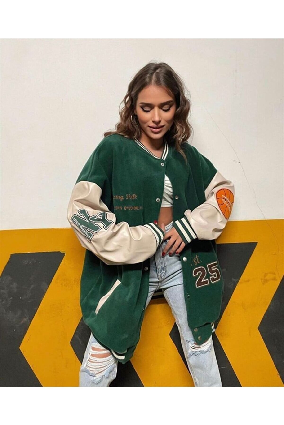 Yeşil Crystal 1989 Oversize Unisex Kolej Ceket