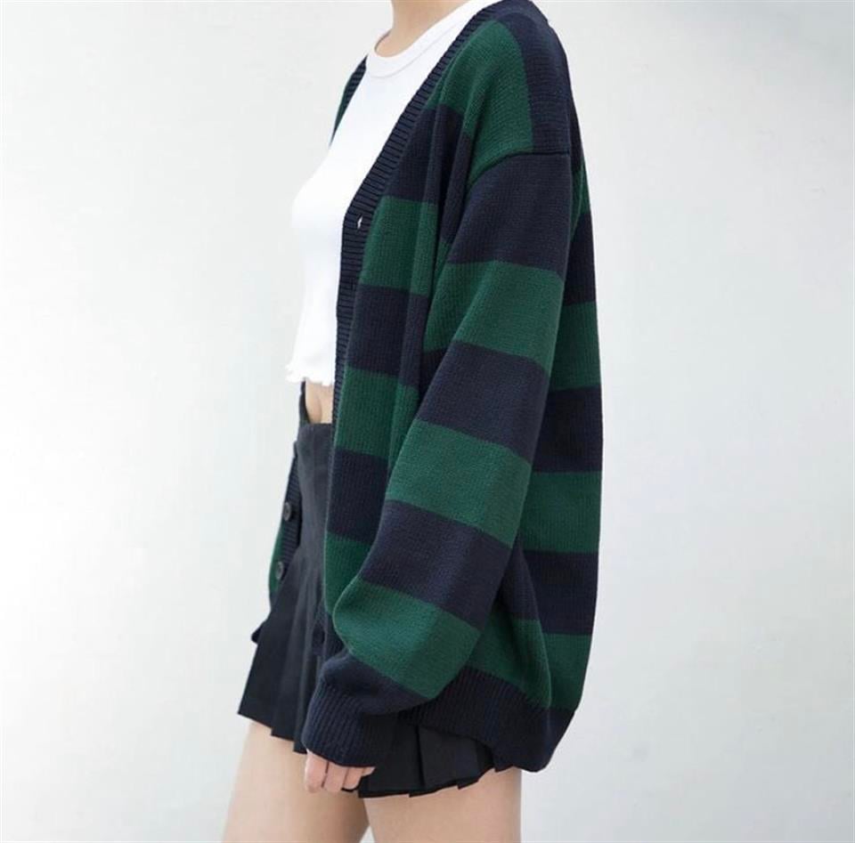 Yeşil Siyah Çizgili Oversize Fermuarlı Hırka