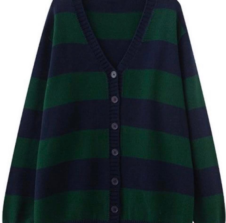 Yeşil Siyah Çizgili Oversize Fermuarlı Hırka
