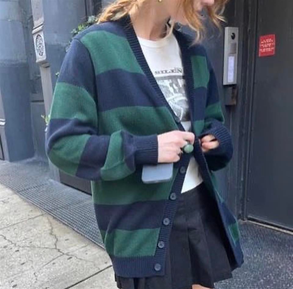 Yeşil Siyah Çizgili Oversize Fermuarlı Hırka