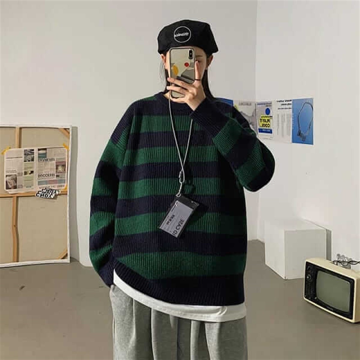Yeşil Siyah Çizgili Streetwear Oversize Kazak