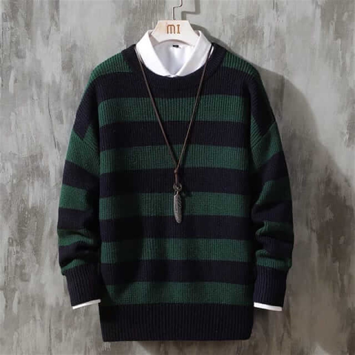 Yeşil Siyah Çizgili Streetwear Oversize Kazak