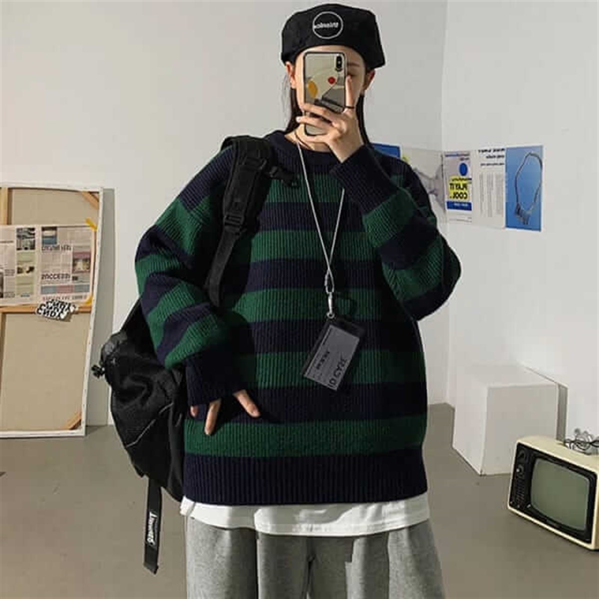 Yeşil Siyah Çizgili Streetwear Oversize Kazak