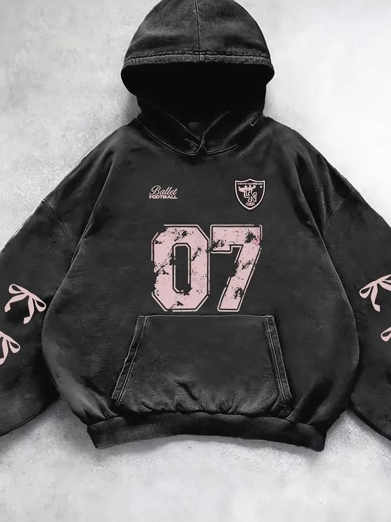 Yıkamalı 07 Retro Baskılı Vintage Kapüşonlu Sweatshirt