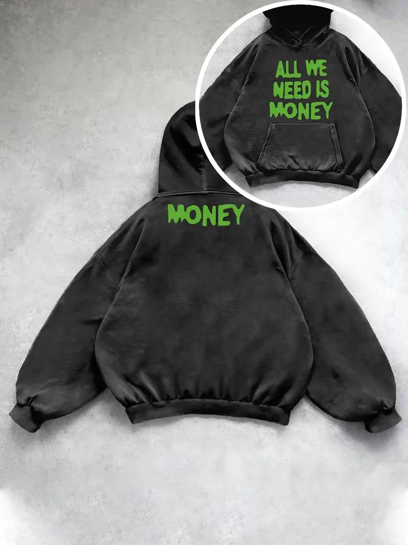 Yıkamalı All We Need is Money Baskılı Vintage Kapüşonlu Sweatshirt