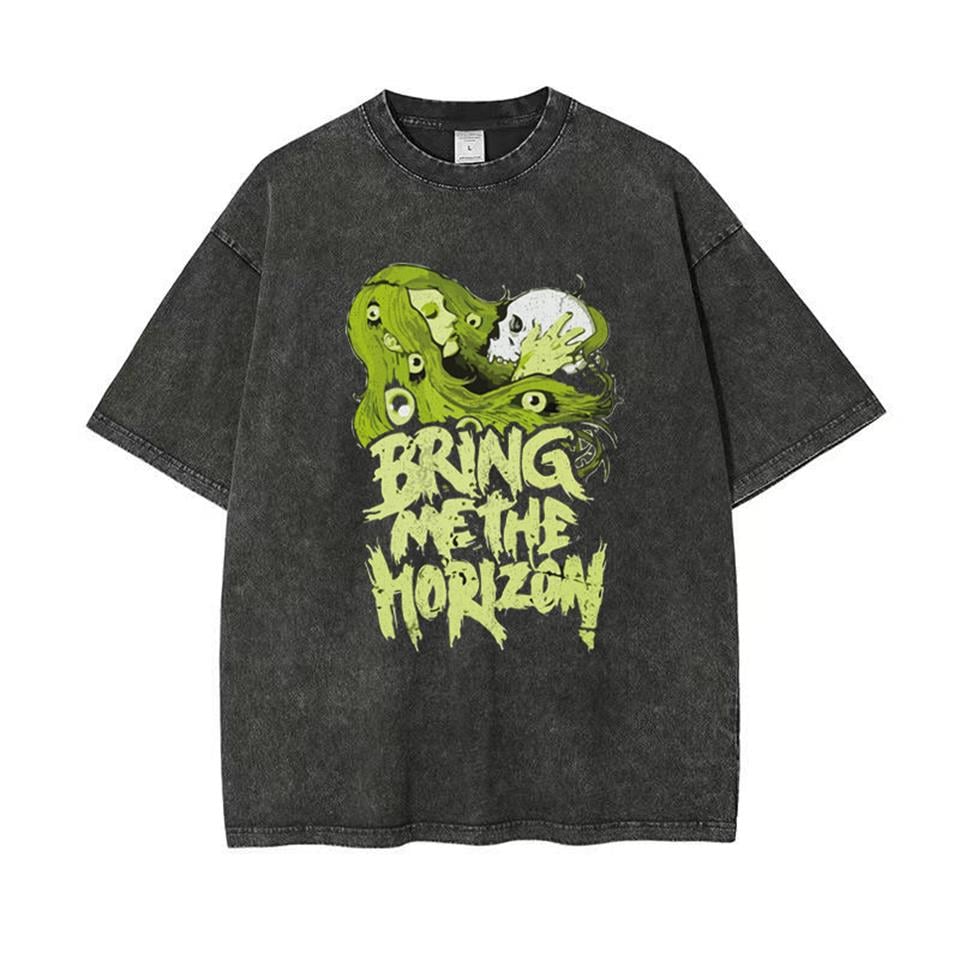 Yıkamalı Bring Me The Horizon Baskılı Unisex Oversize Eskitme T-shirt