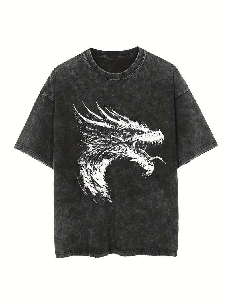 Yıkamalı Dragon Baskılı Unisex Oversize Vintage T-shirt
