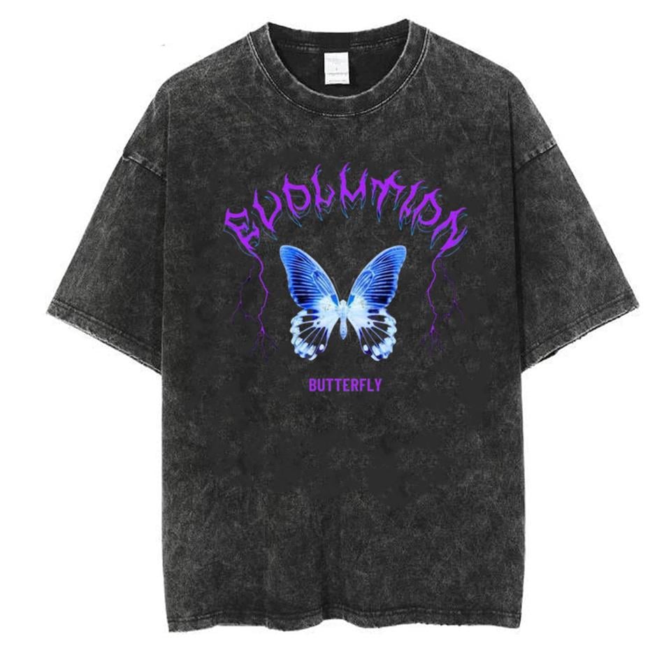 Yıkamalı Evolution Butterfly Unisex Eskitme T-shirt
