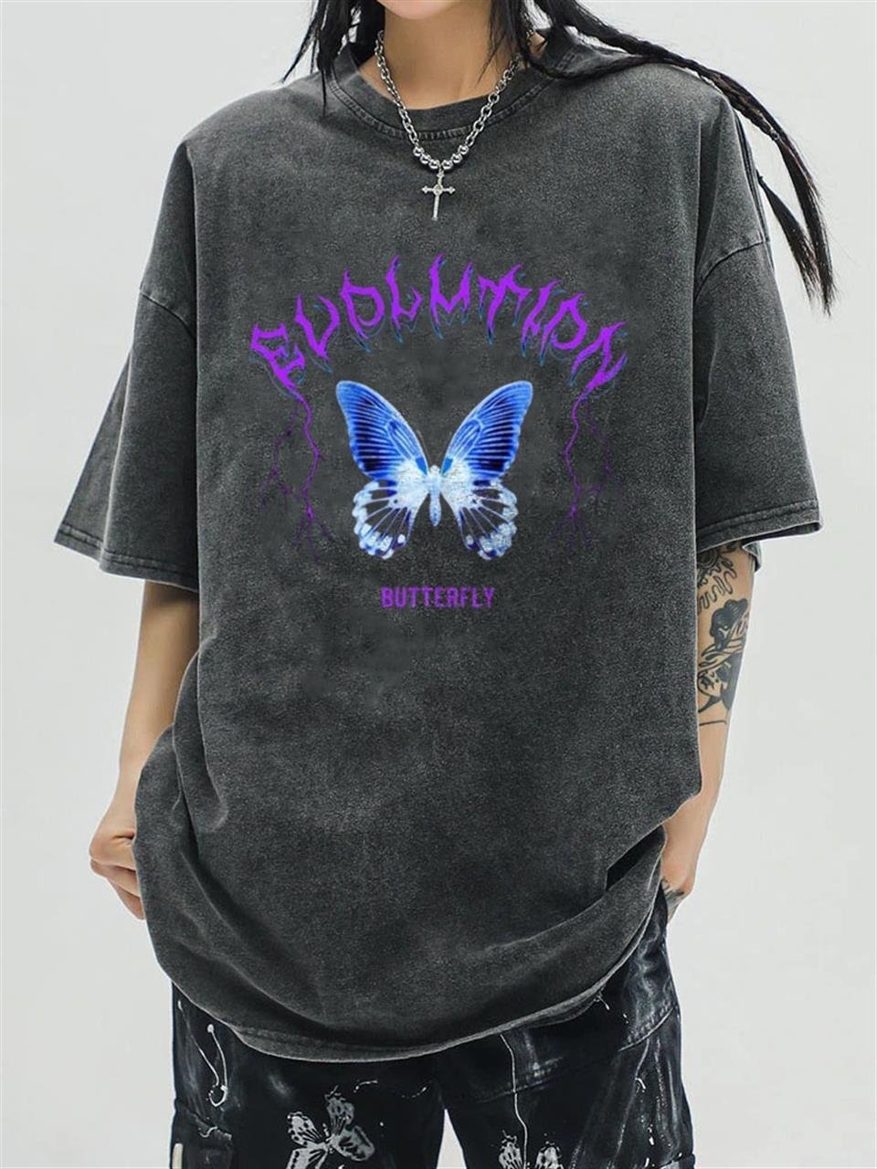 Yıkamalı Evolution Butterfly Unisex Eskitme T-shirt