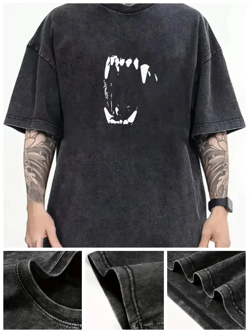 Yıkamalı Fang Baskılı Unisex Oversize Vintage T-shirt