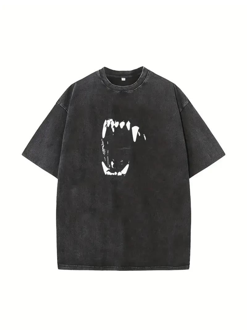 Yıkamalı Fang Baskılı Unisex Oversize Vintage T-shirt