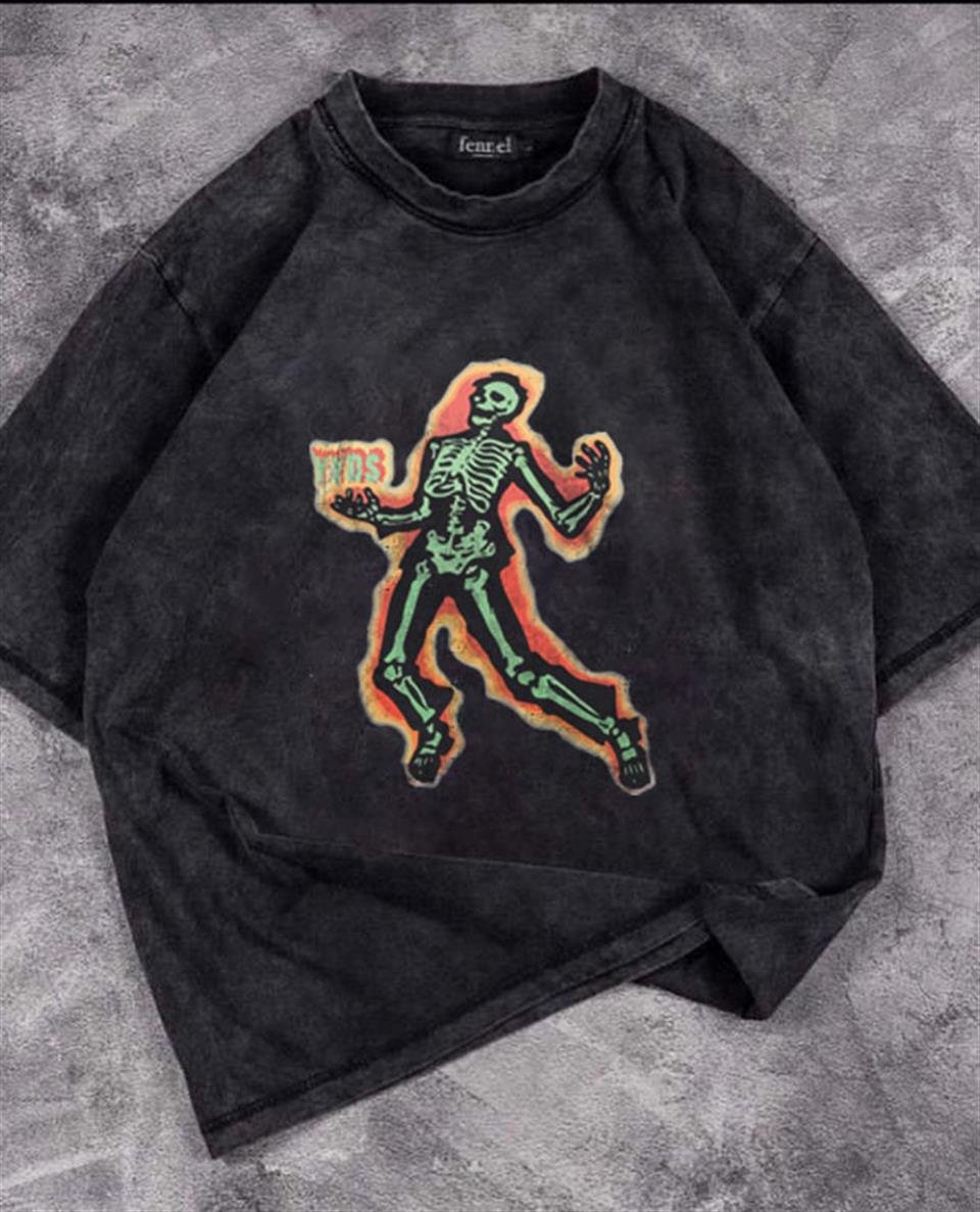 Yıkamalı Flaming Skeleton Baskılı Unisex Oversize Eskitme T-shirt
