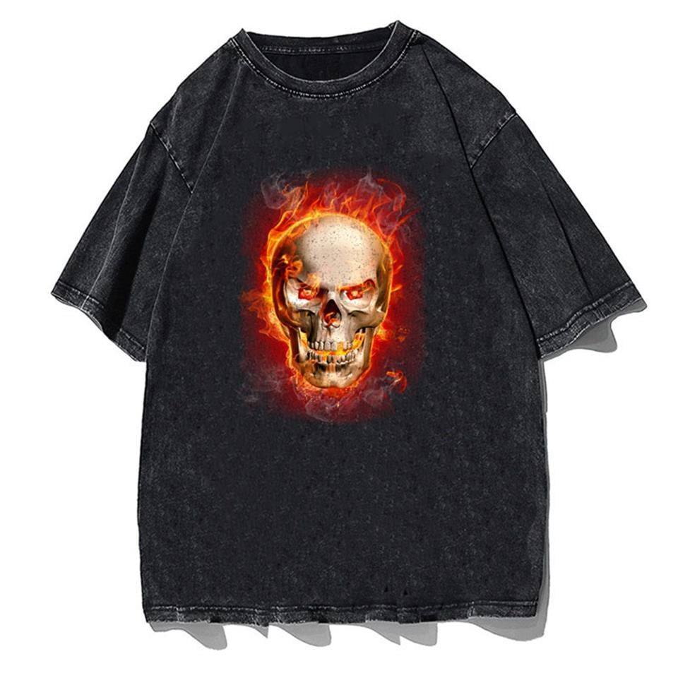 Yıkamalı Flaming Skull Unisex Eskitme T-shirt