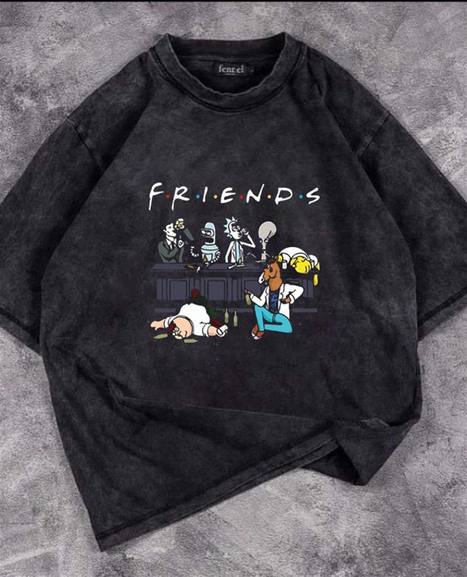 Yıkamalı Friends Baskılı Unisex Oversize Vintage Eskitme T-shirt