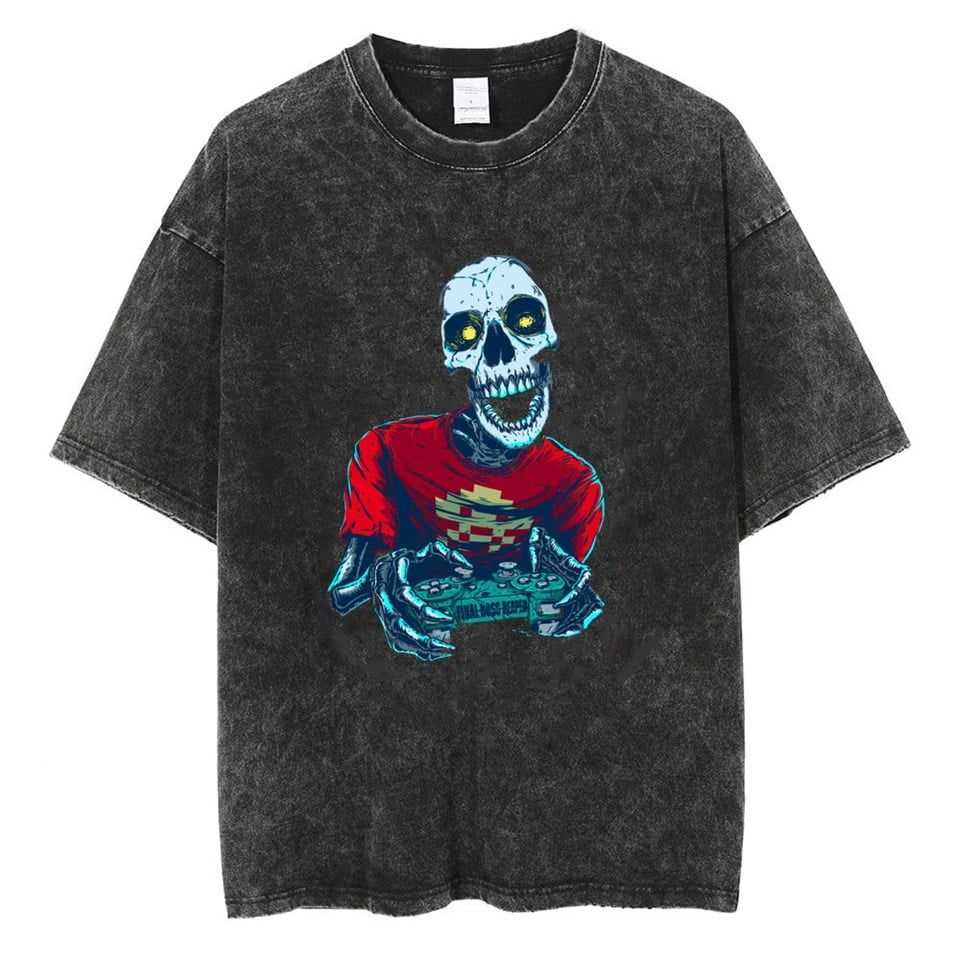 Yıkamalı Gamer Skeleton Unisex Eskitme T-shirt