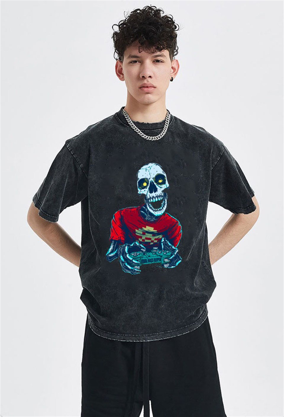 Yıkamalı Gamer Skeleton Unisex Eskitme T-shirt