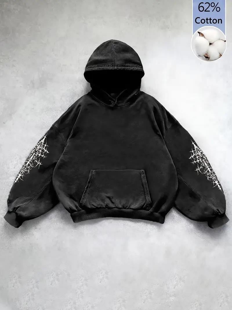 Yıkamalı Gothic Butterfly Baskılı Vintage Kapüşonlu Sweatshirt