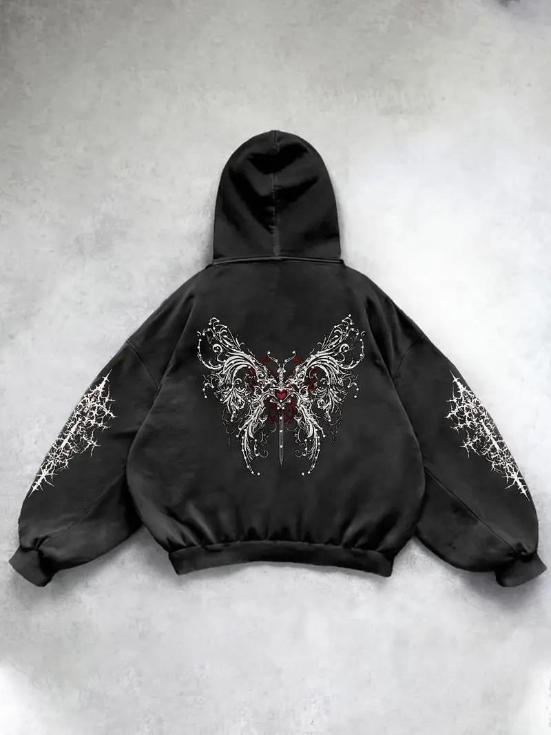 Yıkamalı Gothic Butterfly Baskılı Vintage Kapüşonlu Sweatshirt