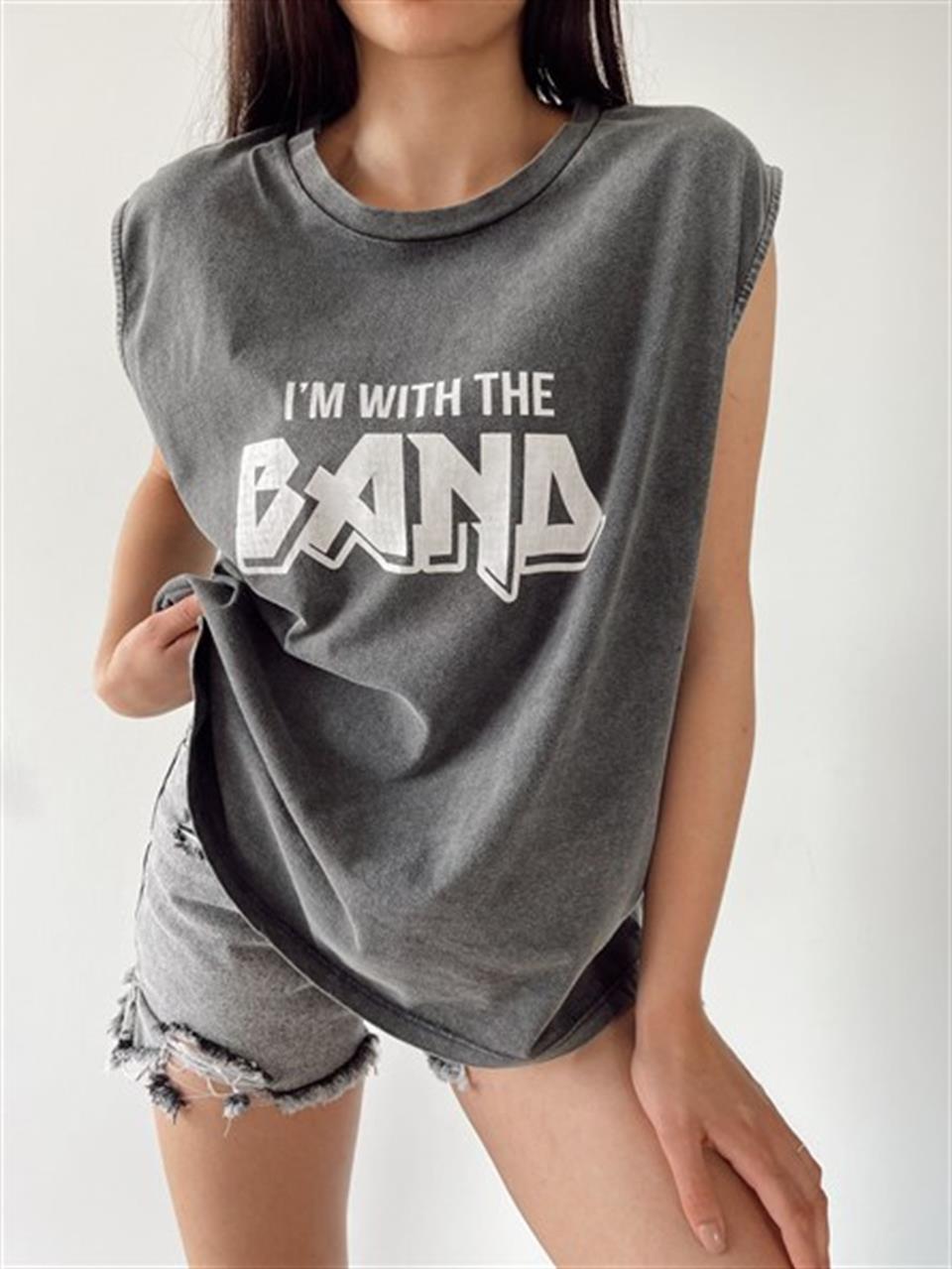 Yıkamalı I'm With The Band Baskılı Unisex Oversize Vintage Eskitme Kolsuz T-shirt