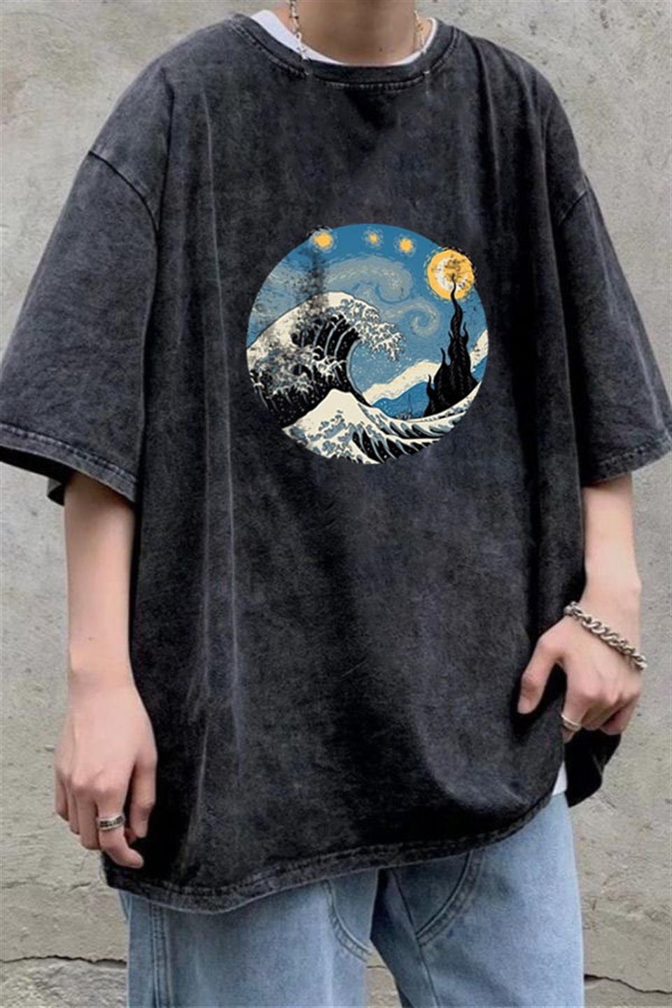 Yıkamalı Kanagawa Oki Nami Ura Unisex Eskitme T-shirt