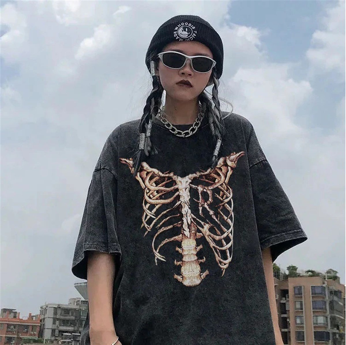 Yıkamalı Kumaş Skeleton Unisex Oversize T-shirt